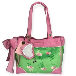 Juicy Couture Daydreamer Retro Juicy Cherry Tote Velvet Shoulder Bag Bow Heart